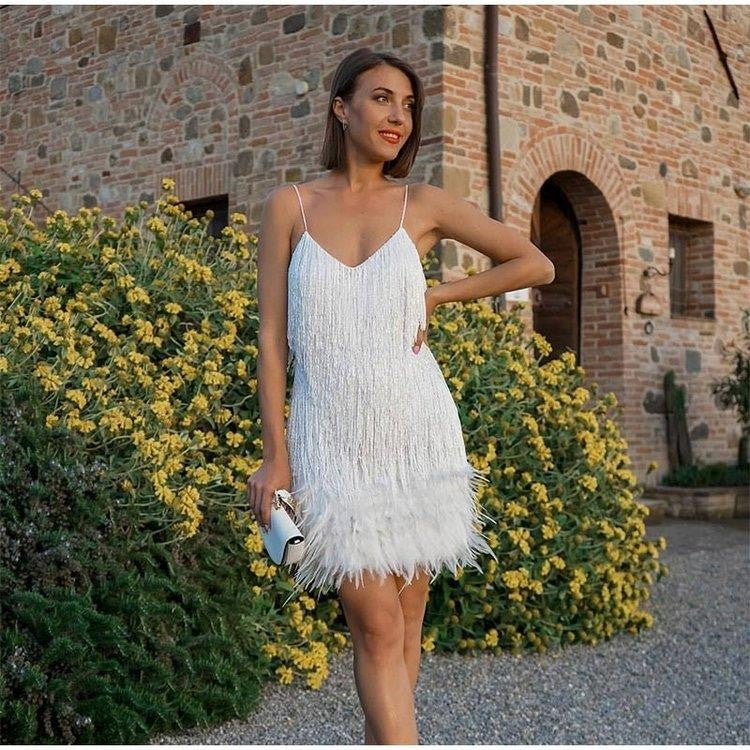 Multicolor Birthday Party Sexy Strap Feather Dresses