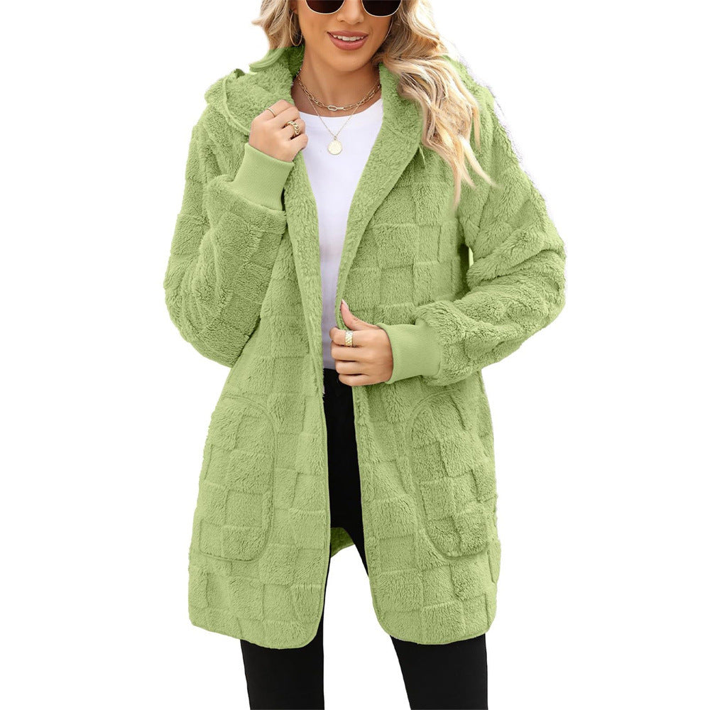 Women's Winter Plaid Jacquard Hooded Pocket Plush Women's Sweater, Sweater