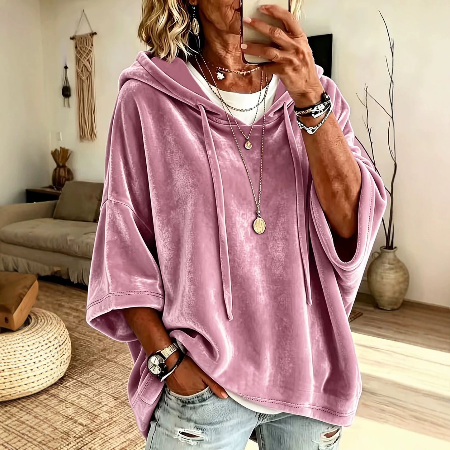 Women's Solid Color Casual Gold Veet Hooded Tops