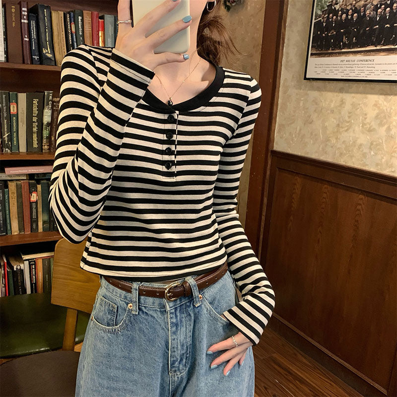 Women's Style Shoulder Striped Long-sleeved Henry Collar Design Bottoming Shirt Tops