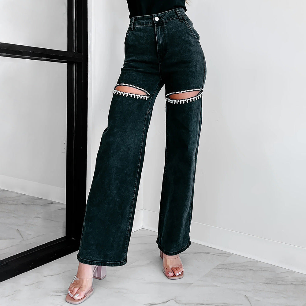 Autumn Fashion Casual Rhinestone Ripped Straight Jeans