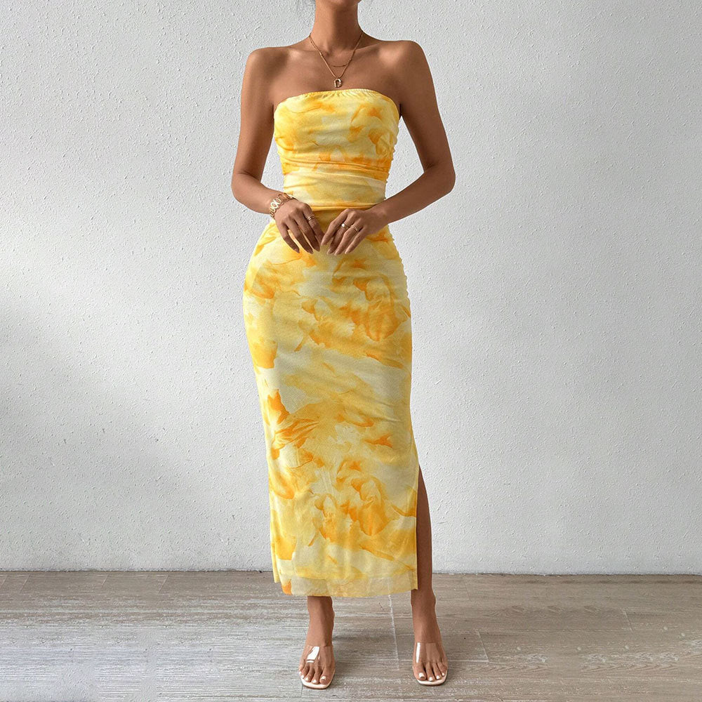 Women's Mesh Floral Print High Waist Slit Dress