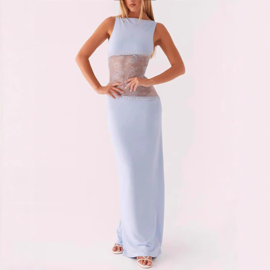 Lace Satin Stitched Backless Long Slimming Jumpsuits