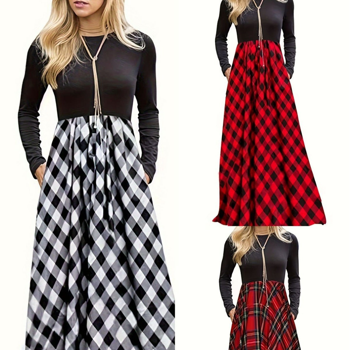 Women's Stitching Contrast Color Check Fashion Casual Dress