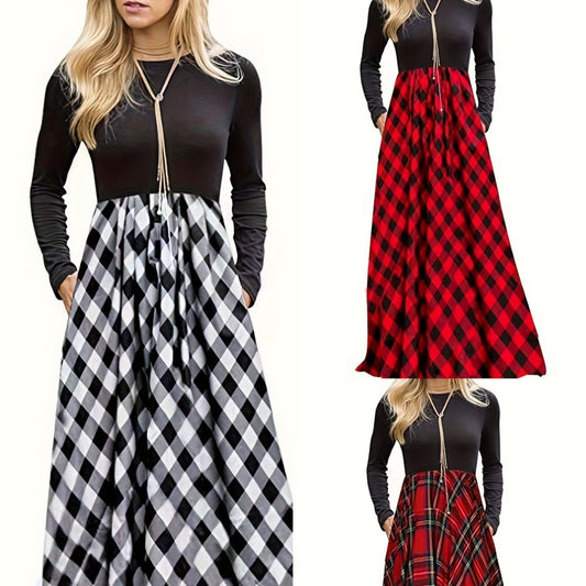Women's Stitching Contrast Color Check Fashion Casual Dress