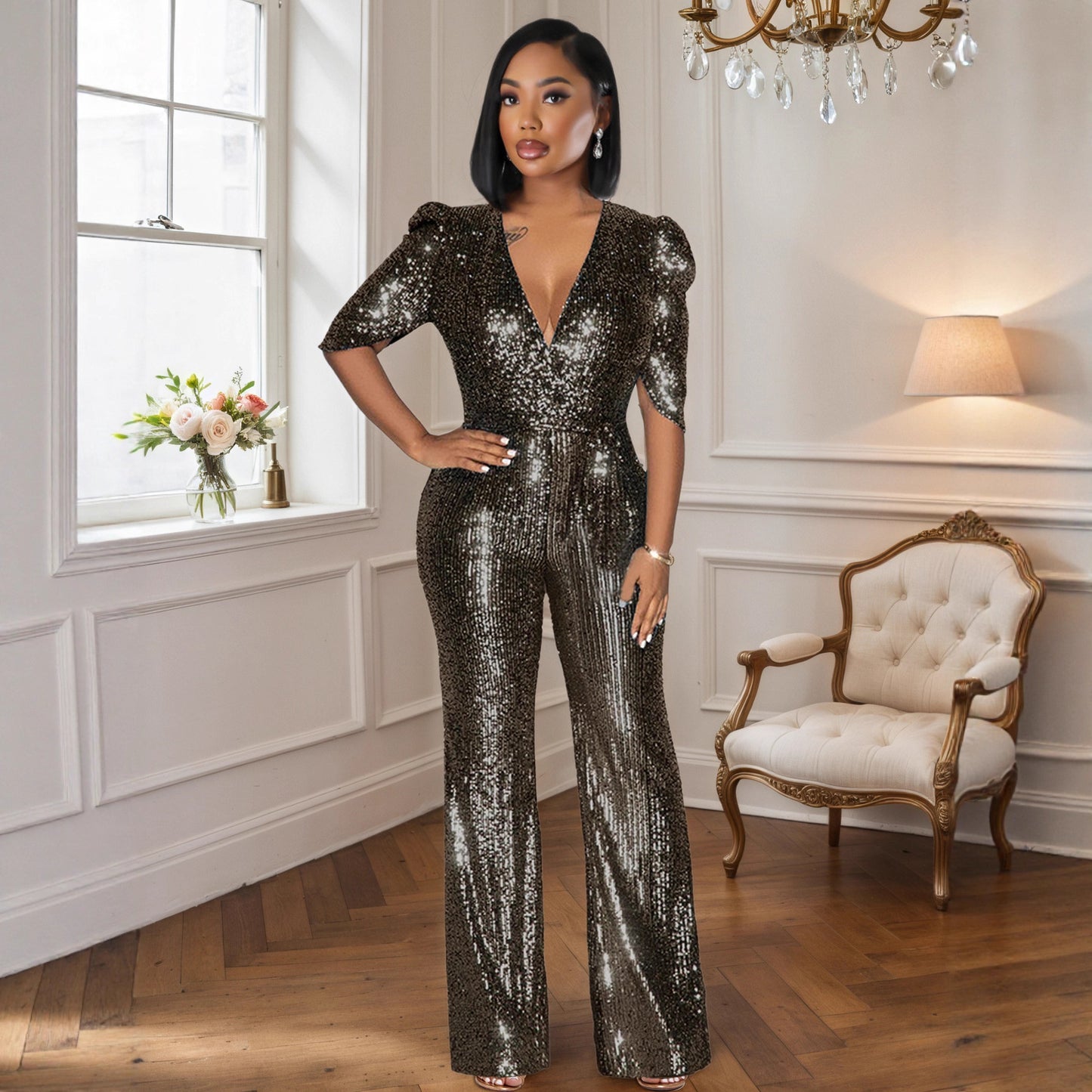 Women's Sexy Half-sleeve Slim Fit Sequined Party Jumpsuits