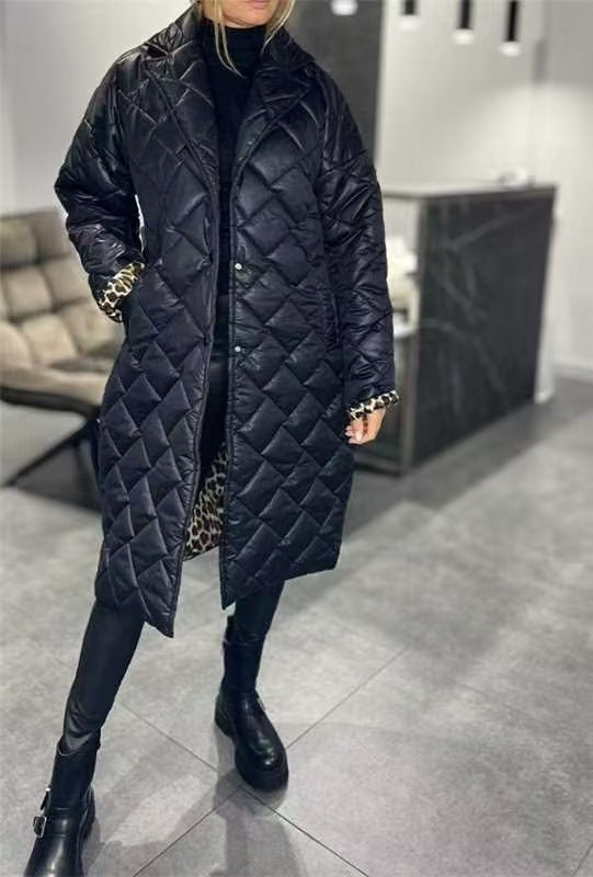 Glossy Veet Long Below The Knee Rhombus Cotton Coats