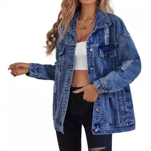 Lady's Denim Fashion Boyfriend Ripped Distressed Jackets