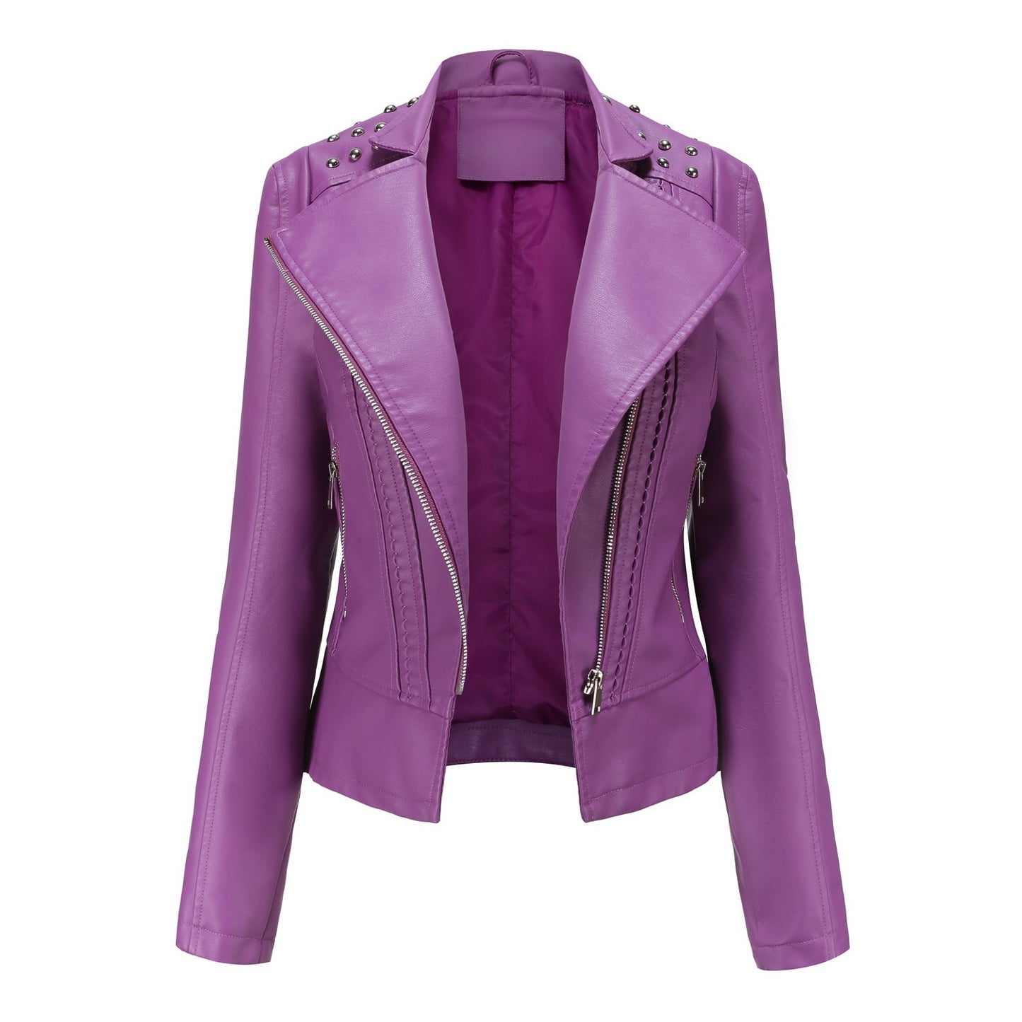 Women's European Beaded Leather Long-sleeved Fashion Lapel Clothing