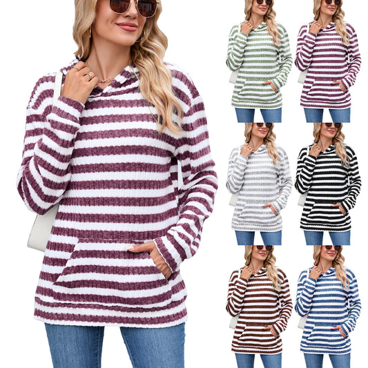 Women's Striped Hooded Pocket Loose Long Sleeve Women's Sweater, Sweater