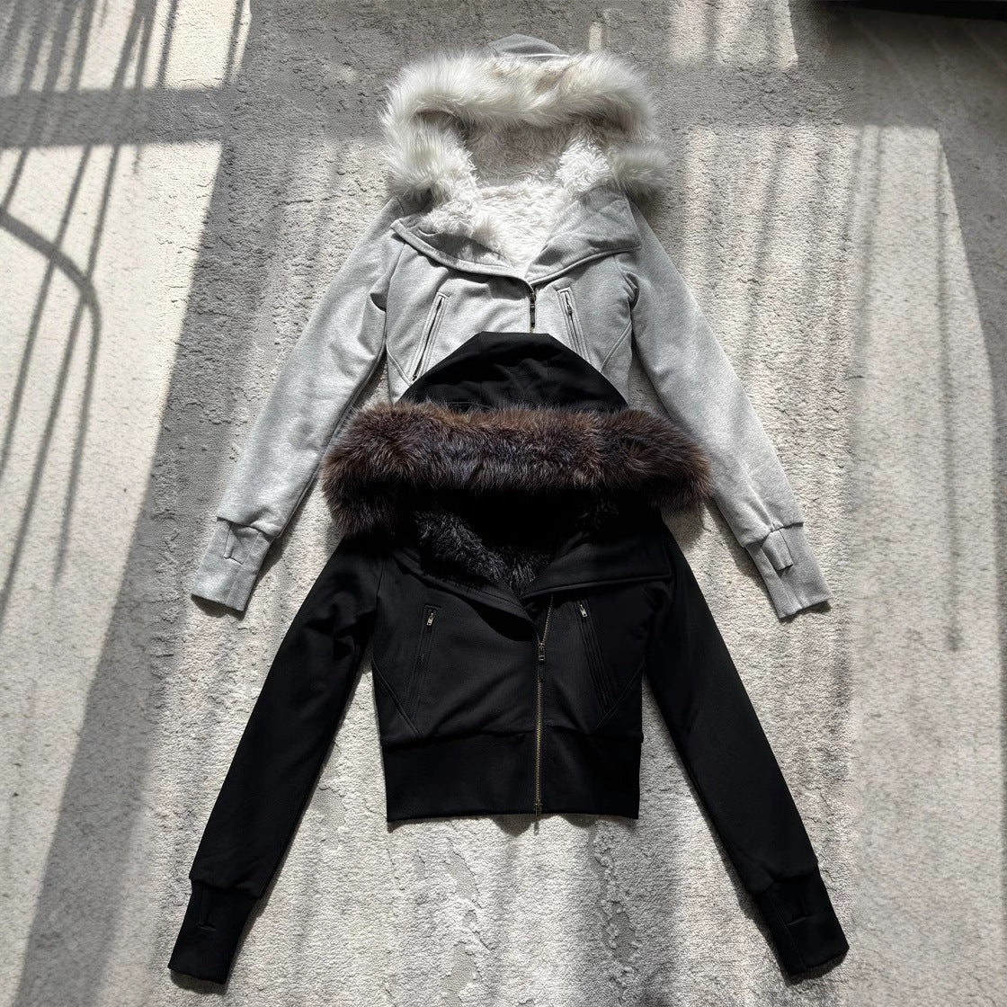 Women's Hooded Fur Collar Plush Liner Slimming Sweaters