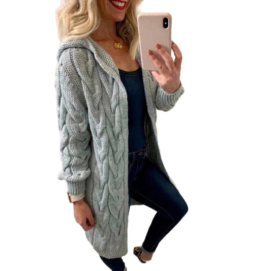 Hooded Pocket Knitted Solid Color Long Knitwear