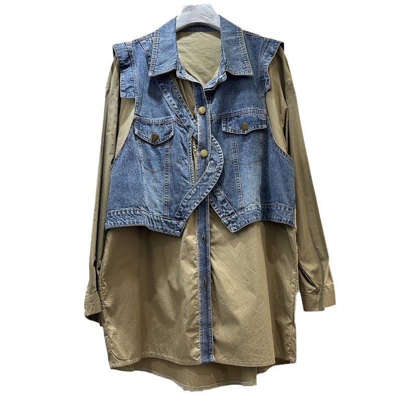 Women's Design Sense Fake Two Pieces Denim Blouses