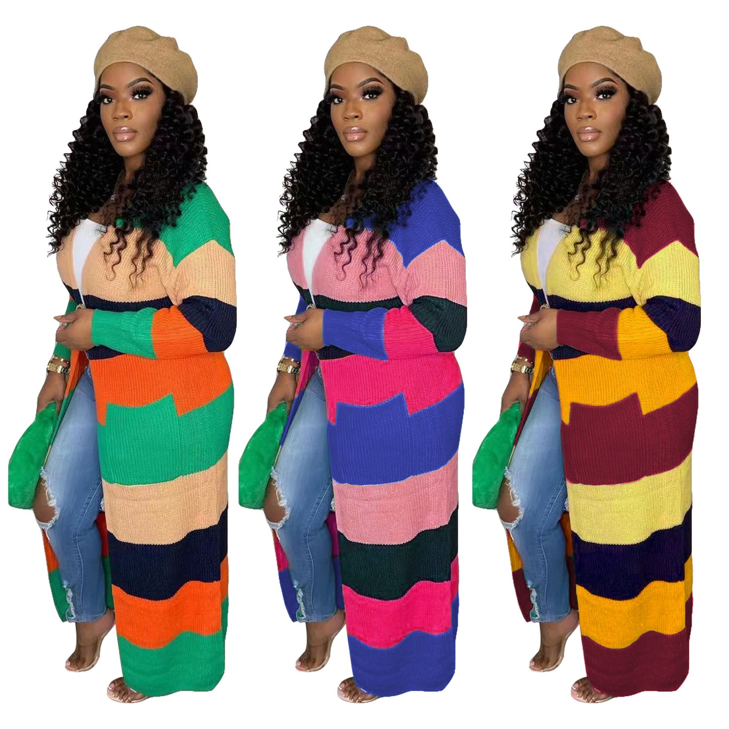 Women's Casual Contrast Color Handmade Knitted Long Sweaters