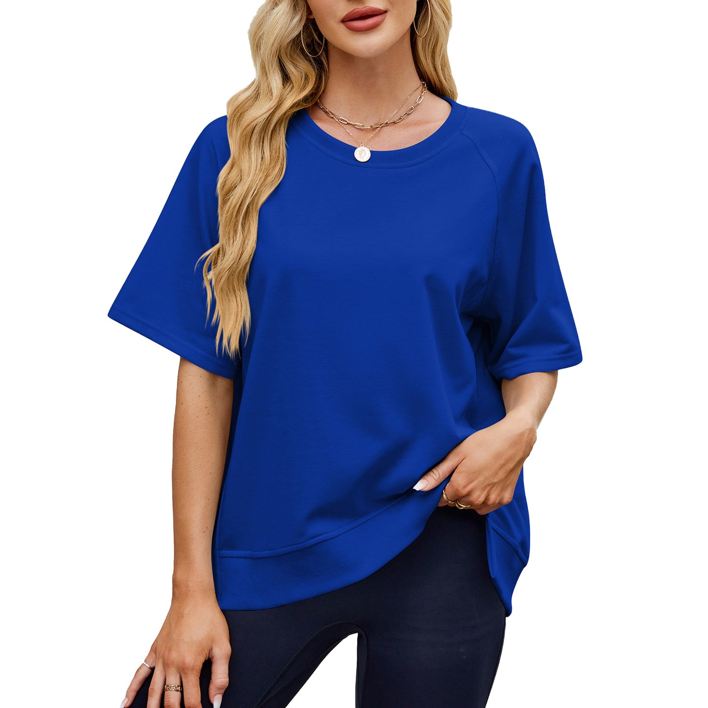 Women's Solid Color Thread Round Neck Shirt With Half Sleeve Shorts