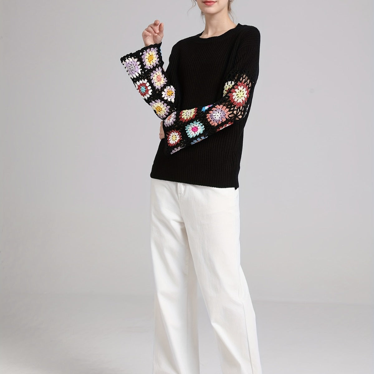 Women's Hollow Mixed Color Crocheted Round Neck Sweaters