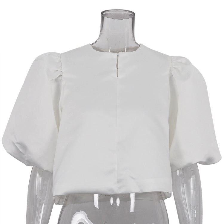 Fashion Satin Puff Sleeve Loose White Blouses
