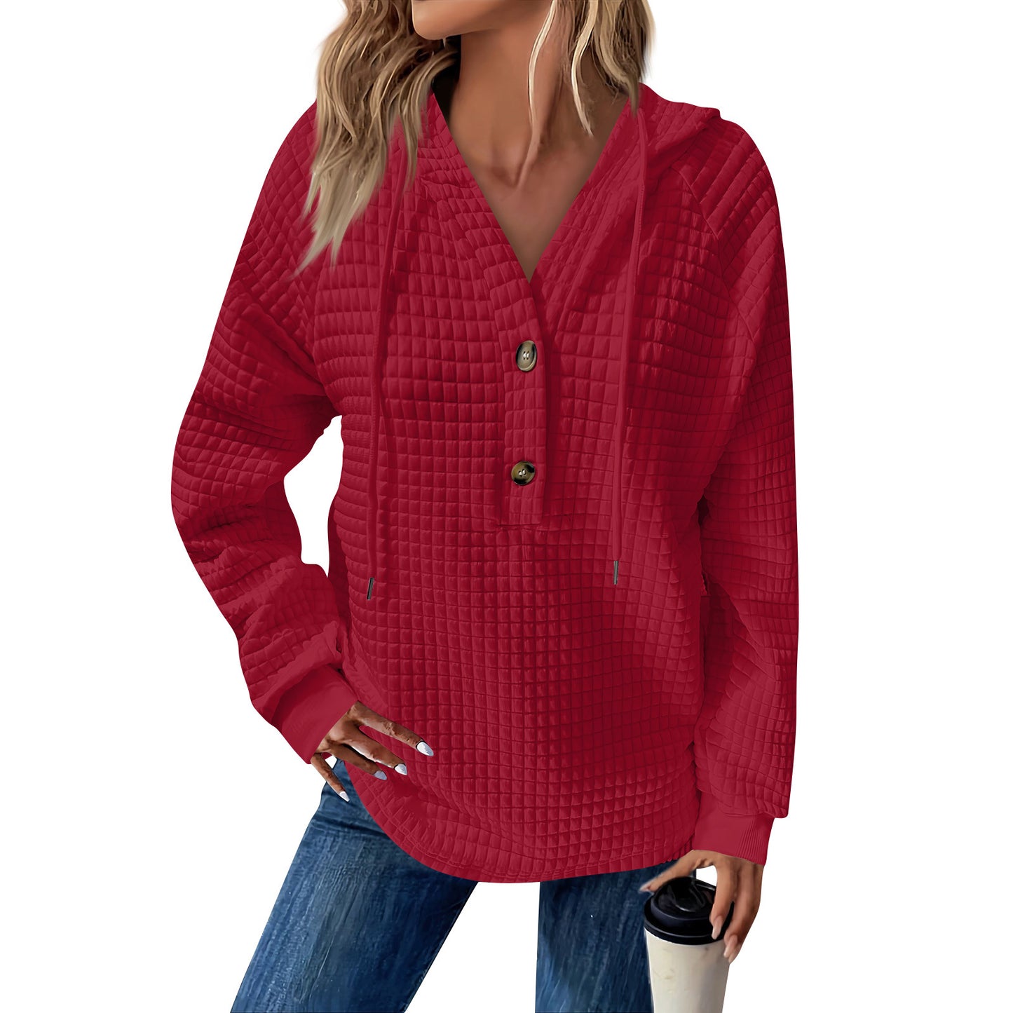 Women's Square Quilted Hooded Button Loose Long Women's Sweater, Sweater