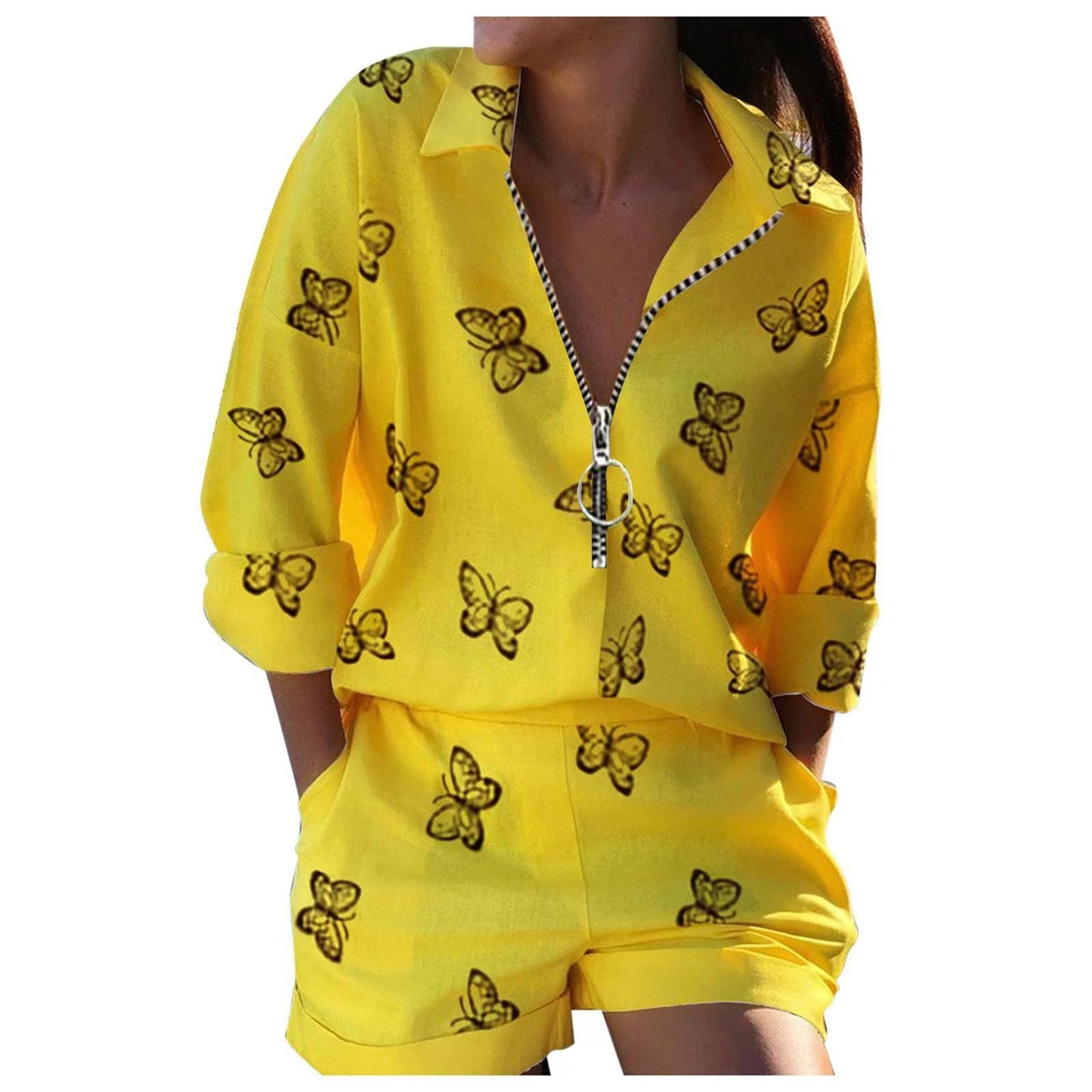 Women's Summer Long Sleeved Shirt Printed Zipper Fashion Casual Suit