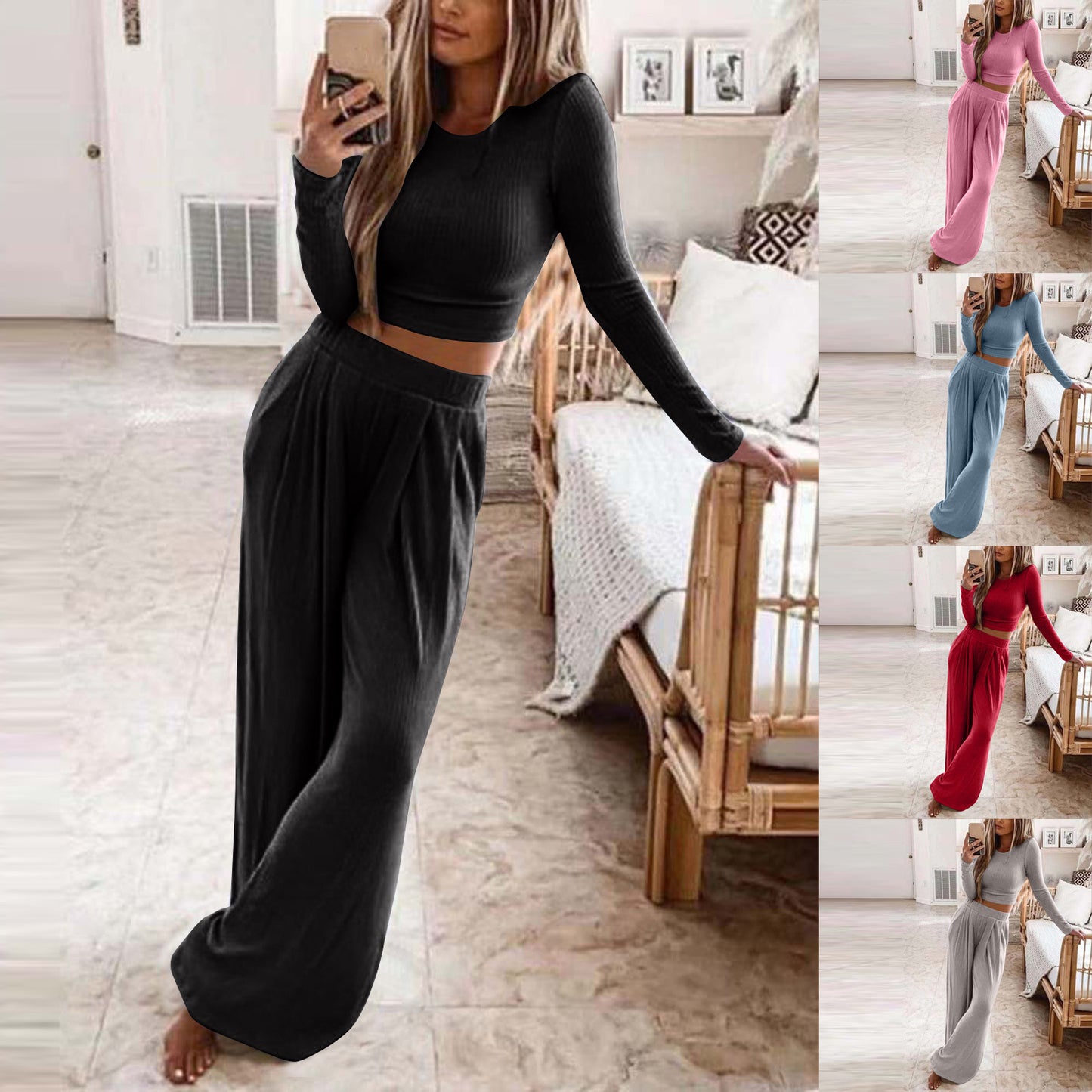 Women's Solid Color Knit Home Two-piece For Fashion Casual Suit
