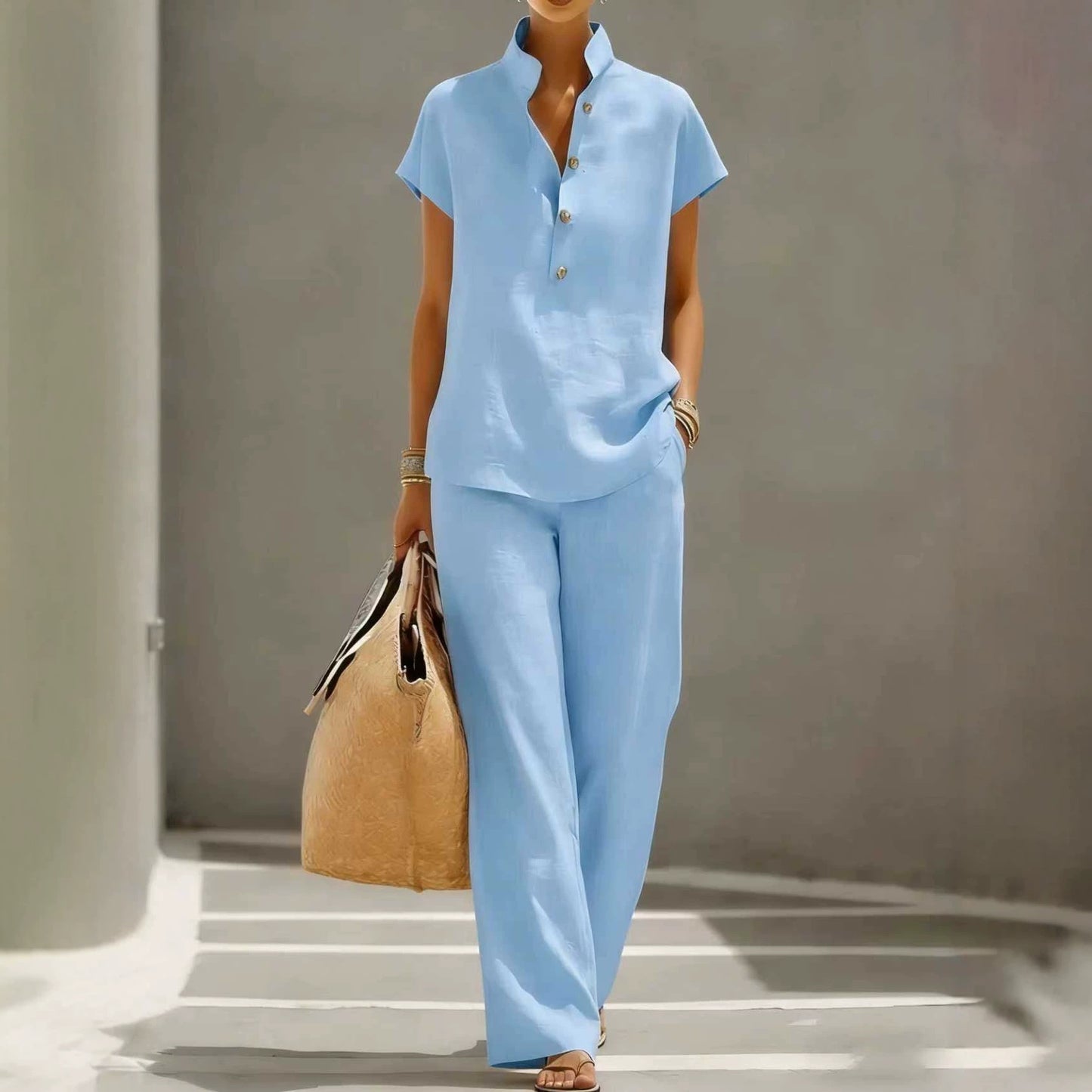 Women's Two-piece Summer Solid Color Sleeve Shirt Trousers Shorts