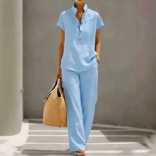 Women's Two-piece Summer Solid Color Sleeve Shirt Trousers Shorts