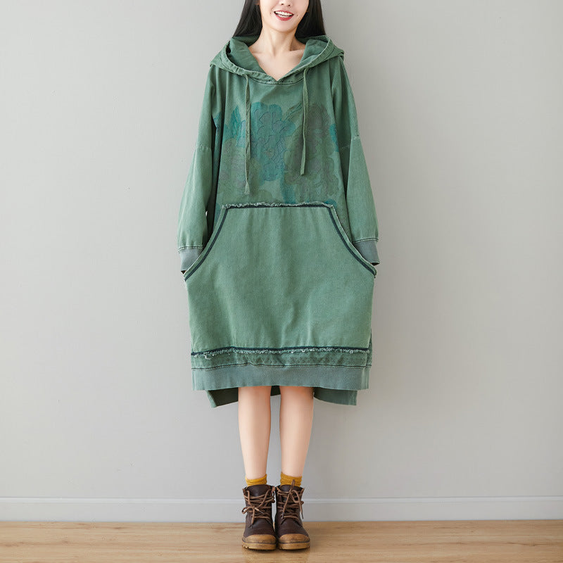 Hooded Dress Distressed Print Long Artistic Stitching Lang Sweaters