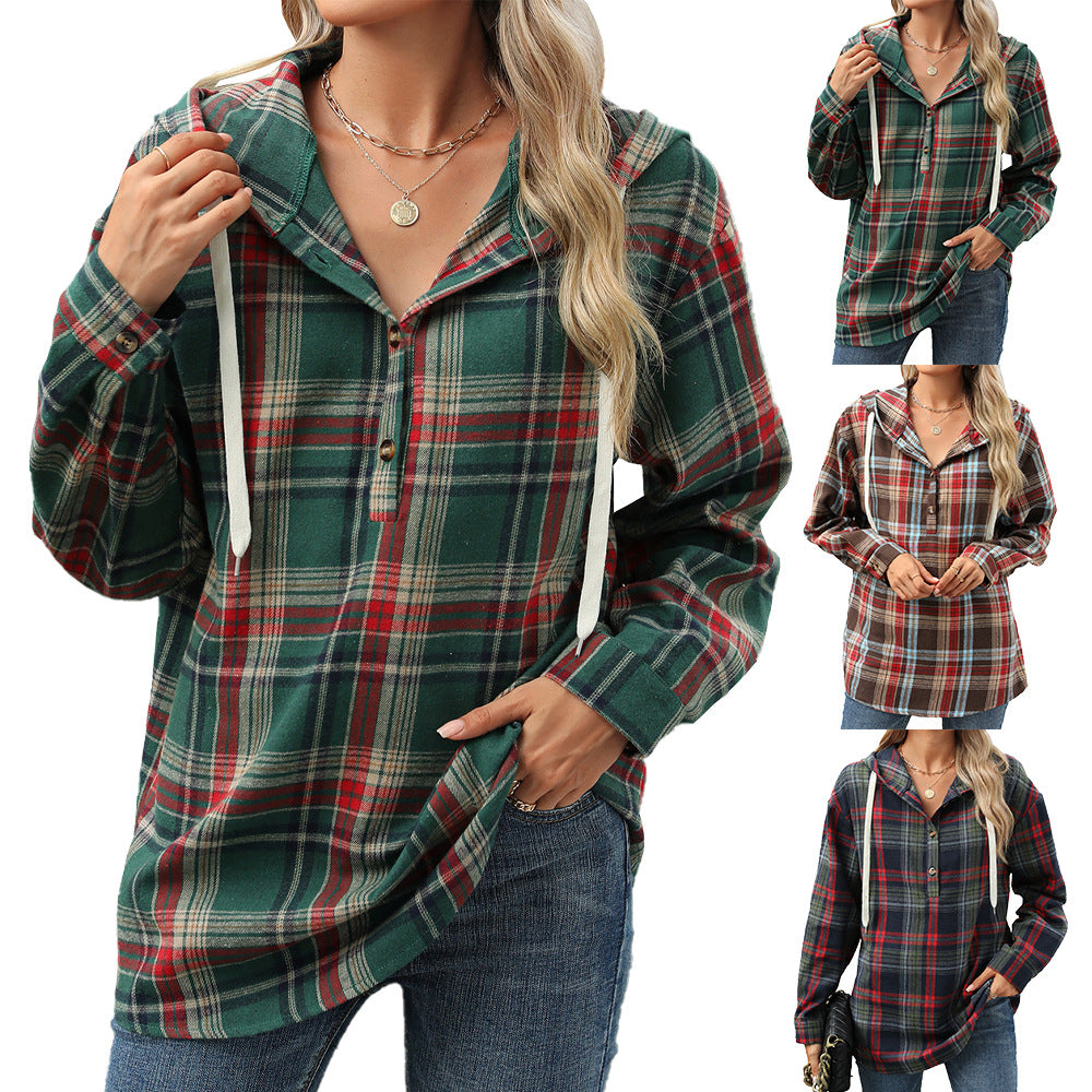 Women's Loose Long Sleeve Hooded Button Plaid Women's Sweater, Sweater