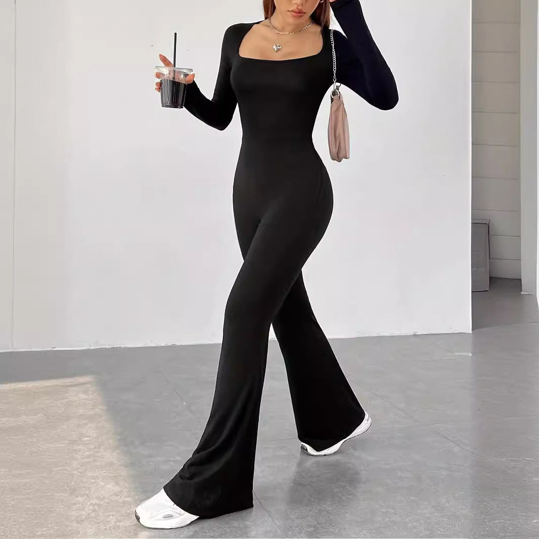 Women's Square Collar Long Sleeve Flared Tight Women's Jumpsuit/clothing