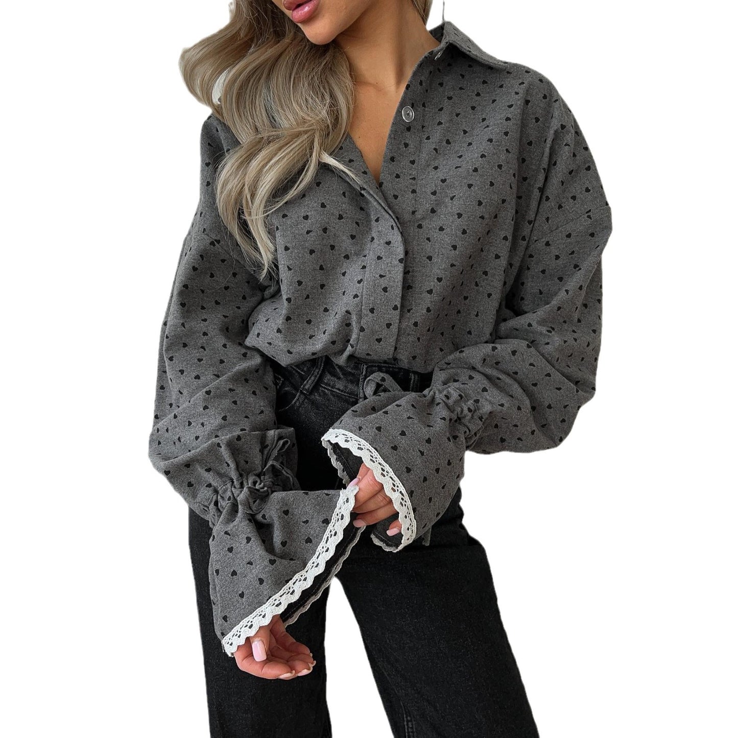Women's Loose Polka Dot Cuff Lace Shirt Sweet Blouses