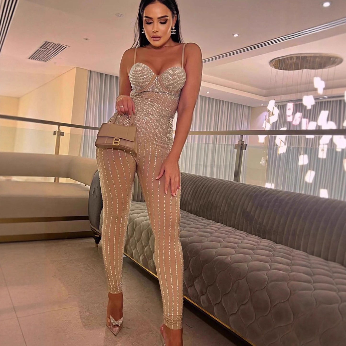 Women's Rhinestone High Waist Sling Figure Flattering Jumpsuits