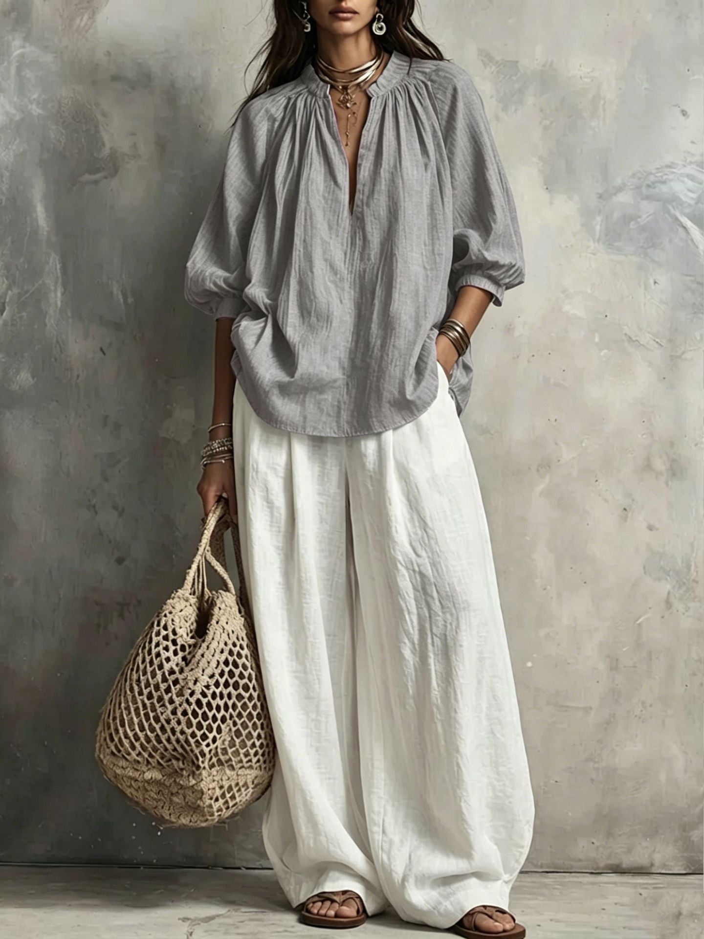Summer Cotton Linen Puff Sleeve Shirt Wide Fashion Casual Suit