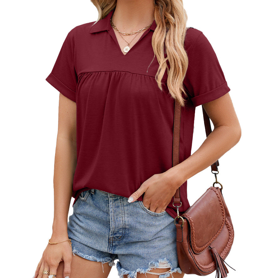 Women's Solid Color Polo Collar Pleated Loose Shorts
