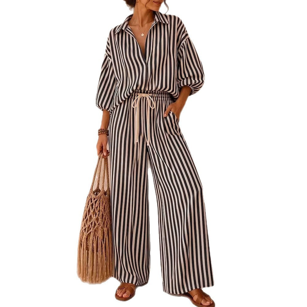 Women's Summer Striped Long-sleeved Loose Two-piece Fashion Casual Suit