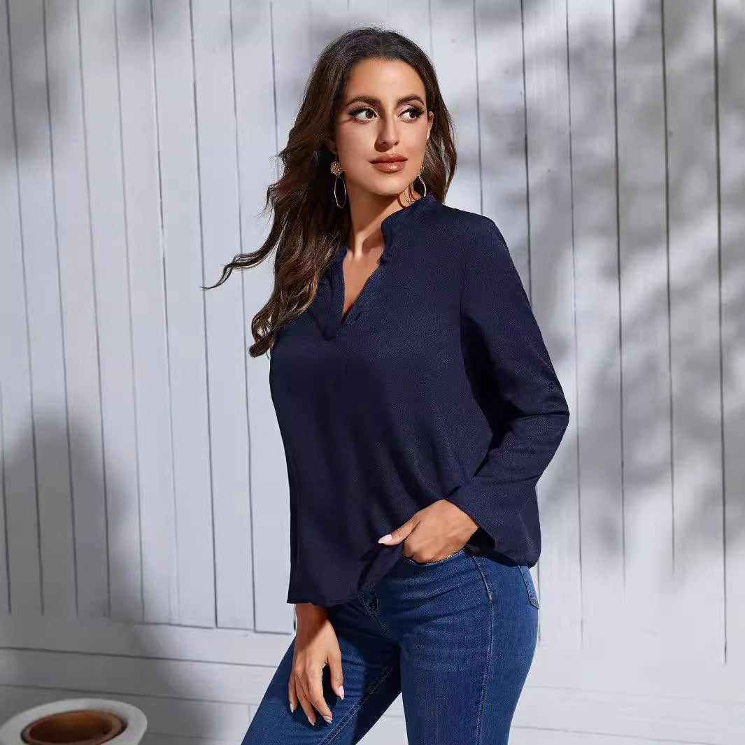 Women's Casual Workplace Cuff Can Be Fixed Roll Sleeve Women's T-shirt
