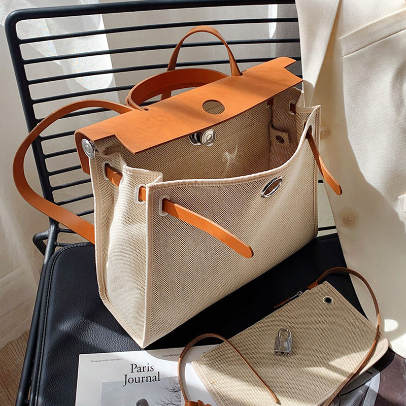 Cowhide Canvas Color Matching Design Large Handbags