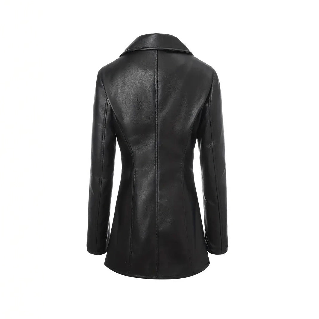Women's Leather Mid-length Slim Trench Imitation Lapel Coats