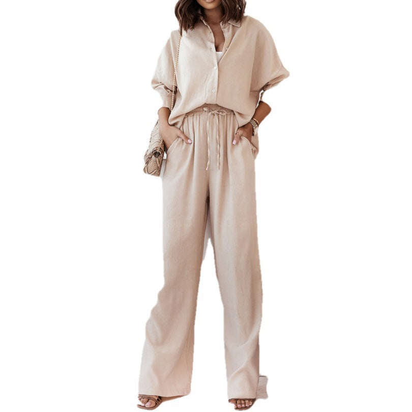 Women's Pure Color Lapel Shirt High Waist Trousers Two-piece Fashion Casual Suit