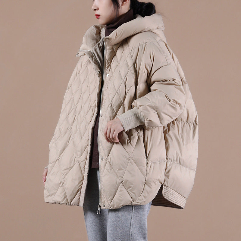 Women's Artistic Rhombus Hooded Light White Duck Down Jackets