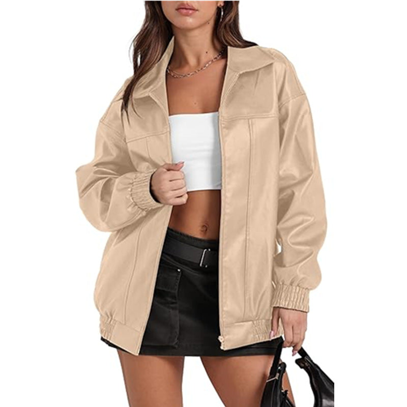 Women's Leather Long Sleeve Lapel Zipper Side Pocket Jackets