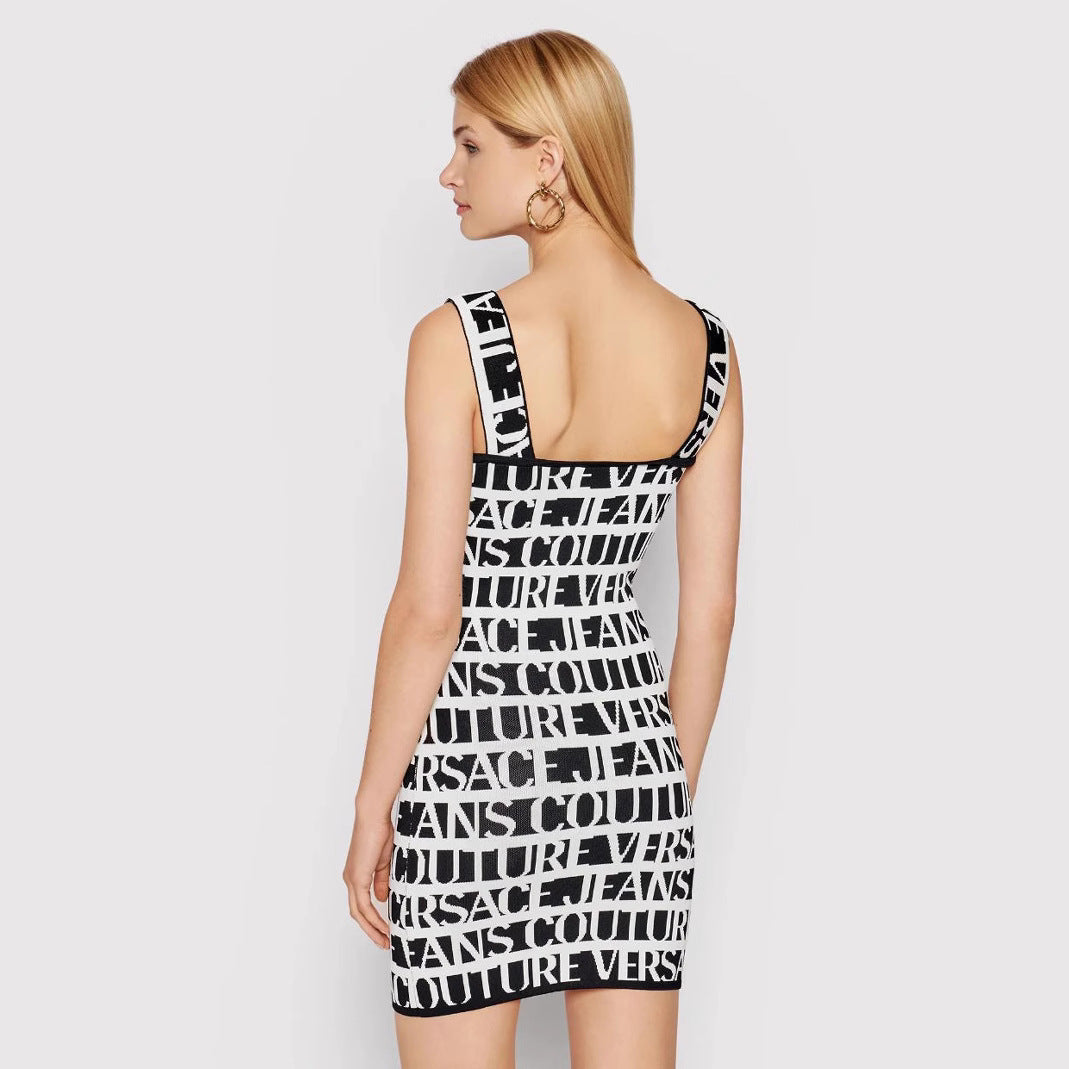 Letter Jacquard Front Metal Zipper Sling Dresses