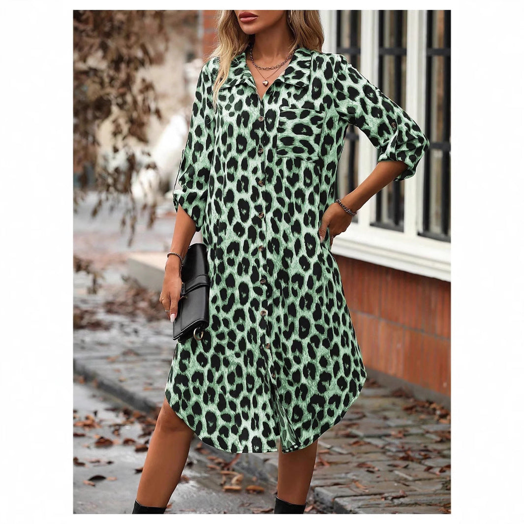 Women's Leopard Print Sleeve Shirt Woven Loose Fashion Dress