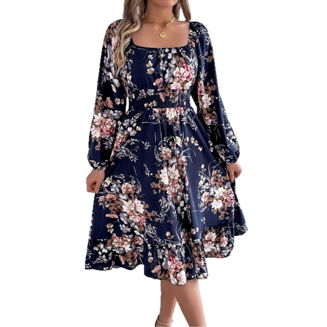 Women's Elegant Flowers Square Collar Long Sleeve Waist Clothing