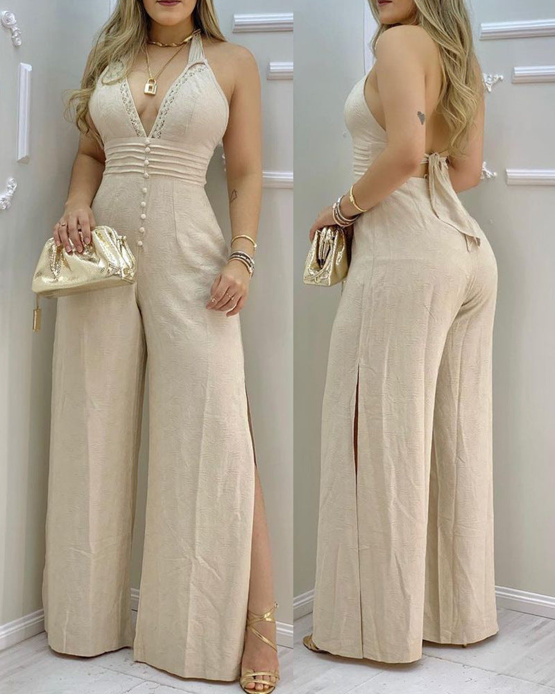 Innovative Beige Halter Lace Patchwork Slit Jumpsuits