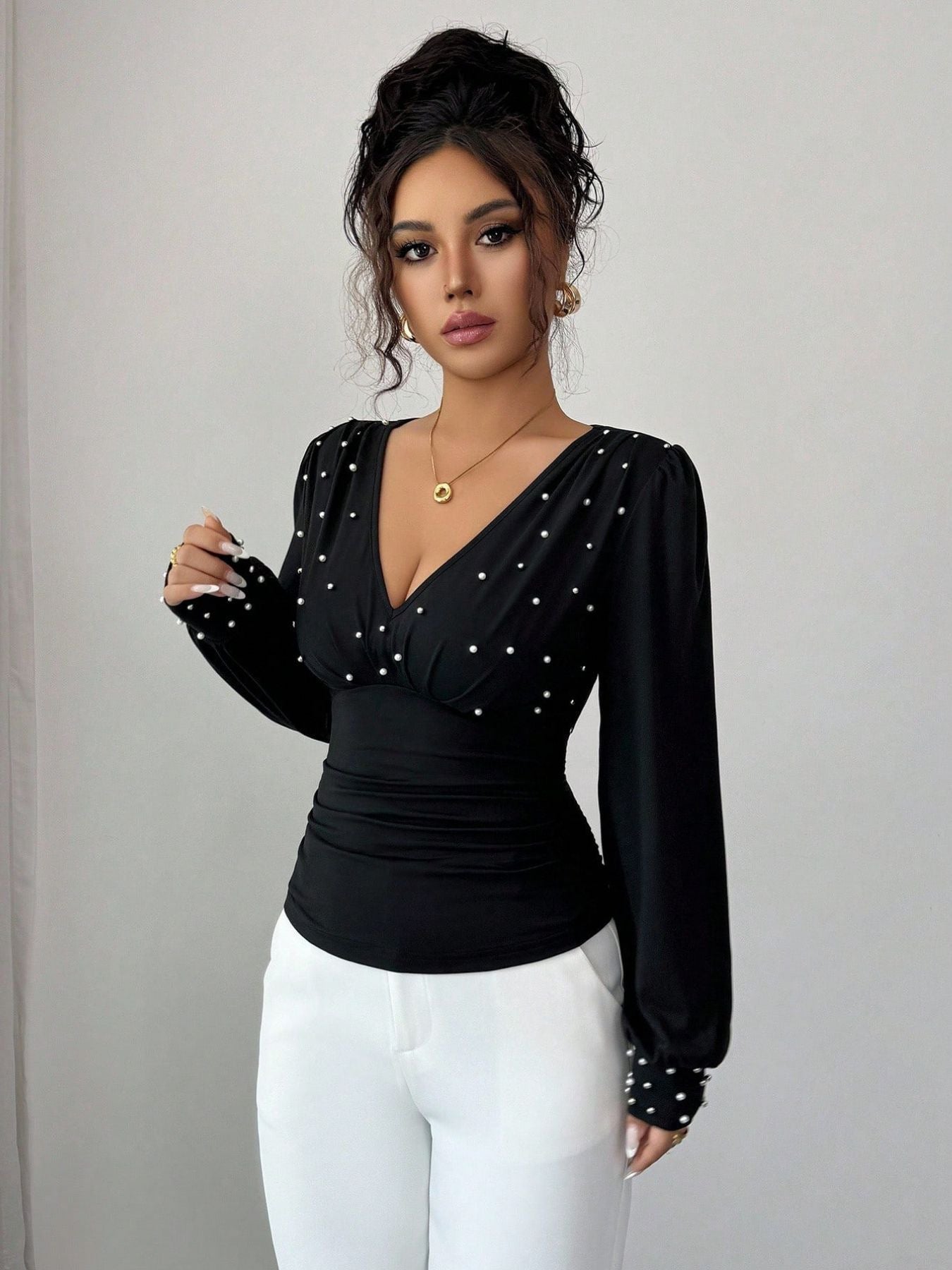 Color Fashion Sexy Long Sleeve Pearl Women's T-shirt