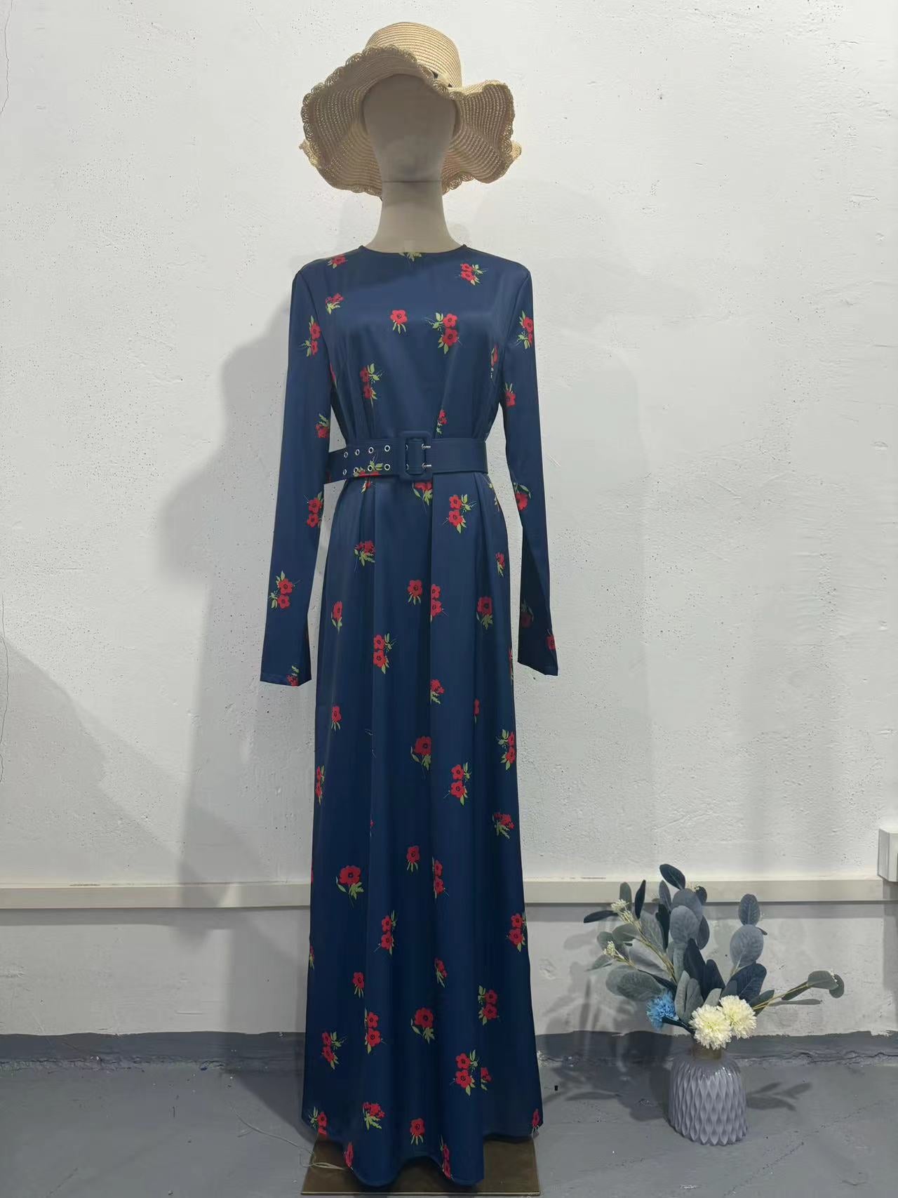 Long Sleeve Round Neck Ice Silk Breathable Flower Dresses