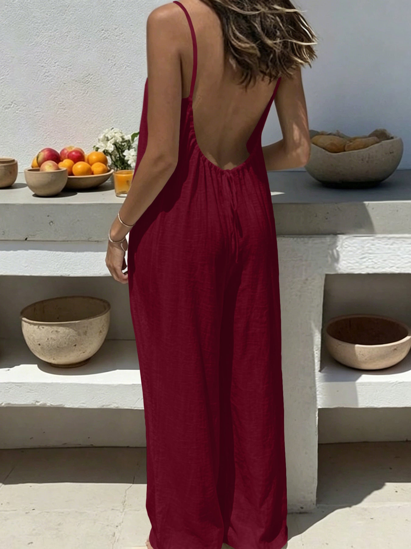 Women's Backless Drawstring Loose Home Sling One-piece Trousers Jumpsuits