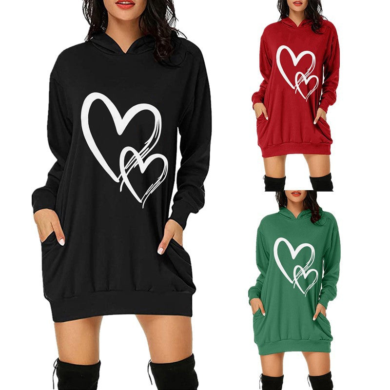 Women's Valentine's Day Printed Mid-length Hooded Long Sleeve Female Clothing
