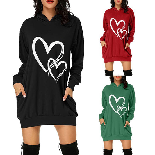 Women's Valentine's Day Printed Mid-length Hooded Long Sleeve Female Clothing
