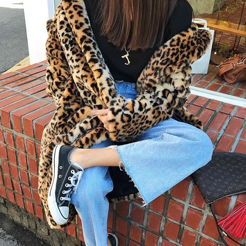 Women's Kendall Long Imitation Fur Leopard Thickened Coats